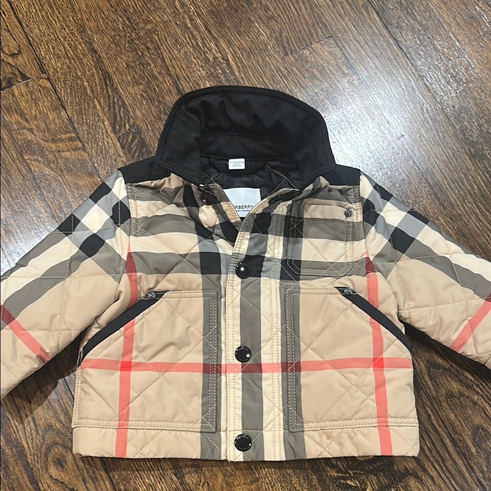 Burberry Red and Cream Puffer Jacket with Classic Check Pattern